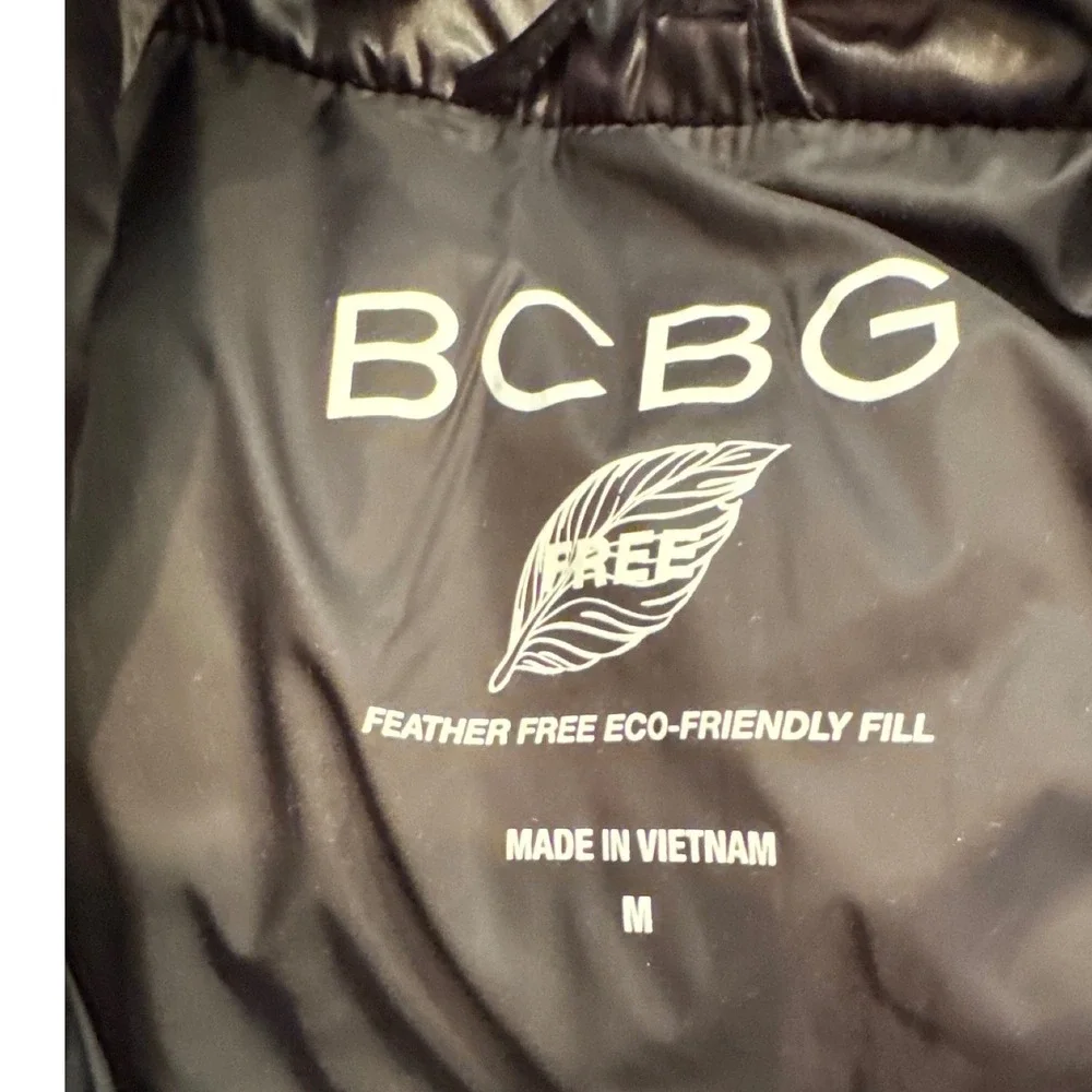 BCBG Max Azria‎ Womens Puffer Jacket Black Shawl Collar Feather Free Fill Size M